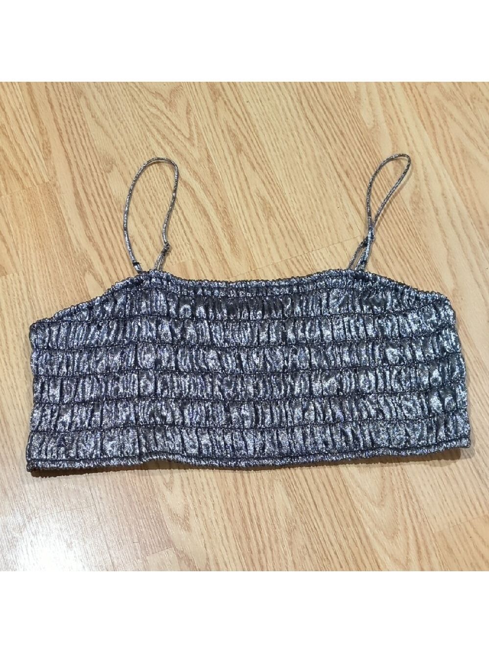 silver metallic strappy smocked top. 2XL - Picture 2 of 8